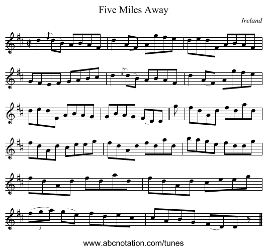 Five Miles Away - staff notation