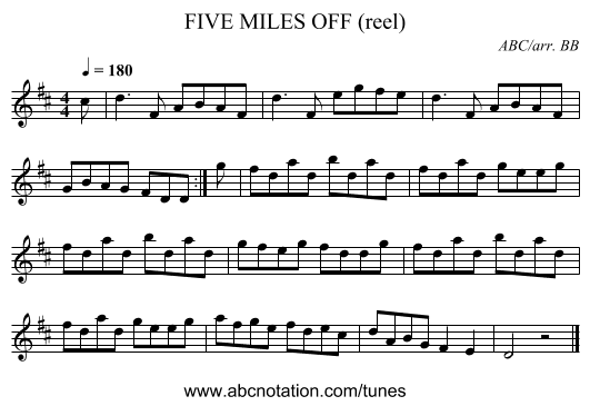 FIVE MILES OFF (reel) - staff notation