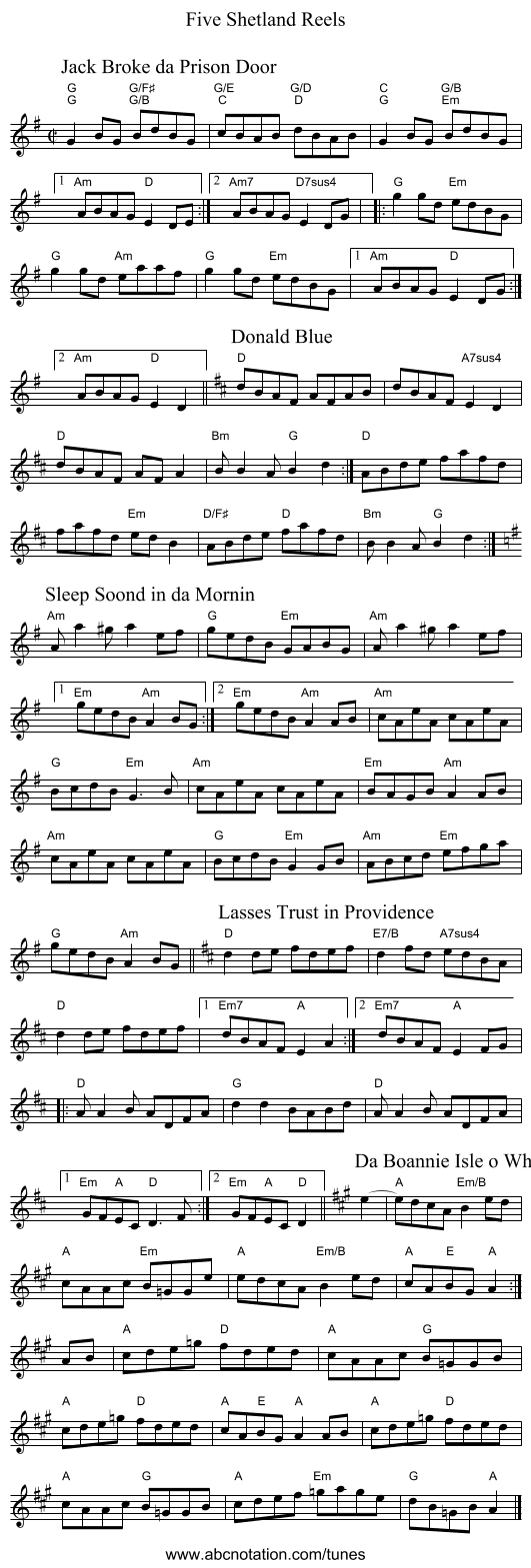 Five Shetland Reels - staff notation