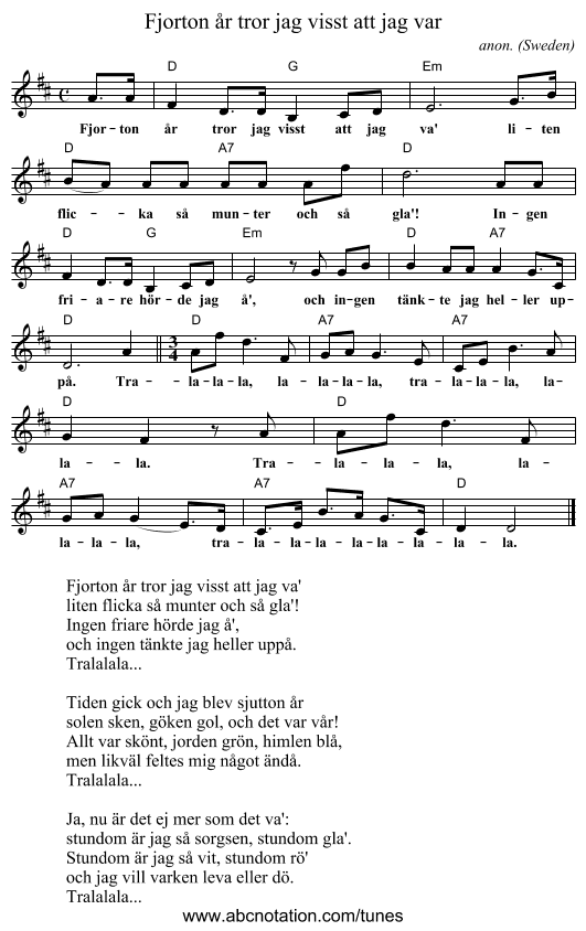 Fjorton år tror jag visst att jag var - staff notation
