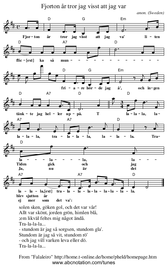 Fjorton år tror jag visst att jag var - staff notation