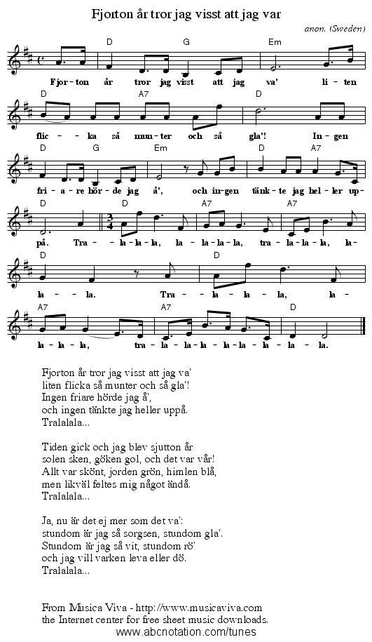 Fjorton &aring;r tror jag visst att jag var - staff notation