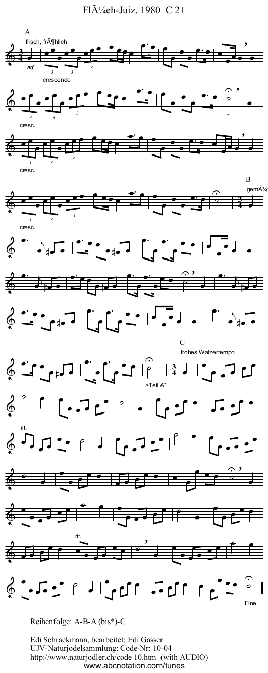 FlÃ¼eh-Juiz. 1980  C 2+ - staff notation