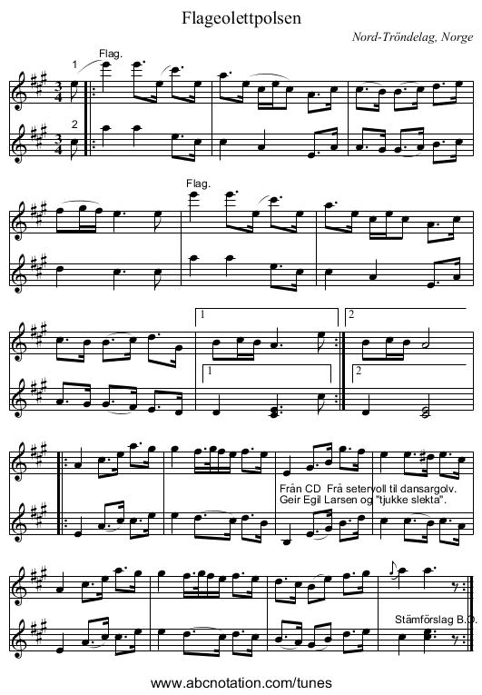 Flageolettpolsen - staff notation