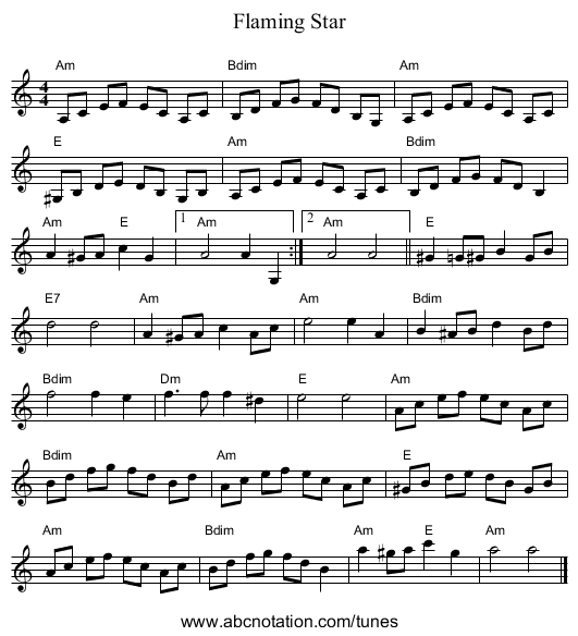 Flaming Star - staff notation