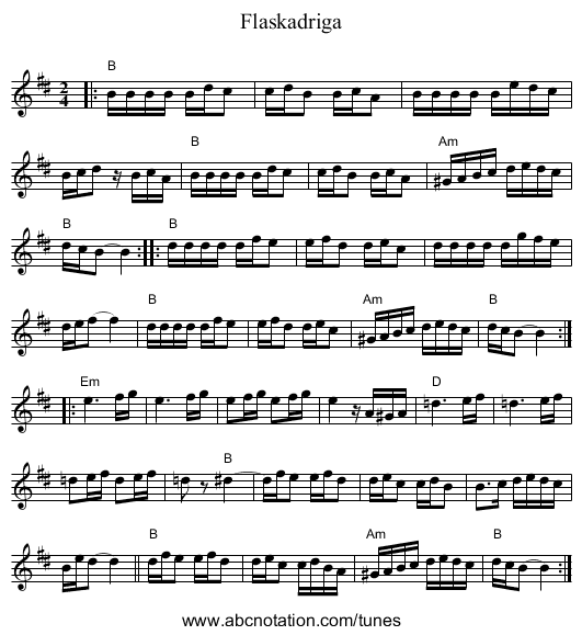 Flaskadriga - staff notation