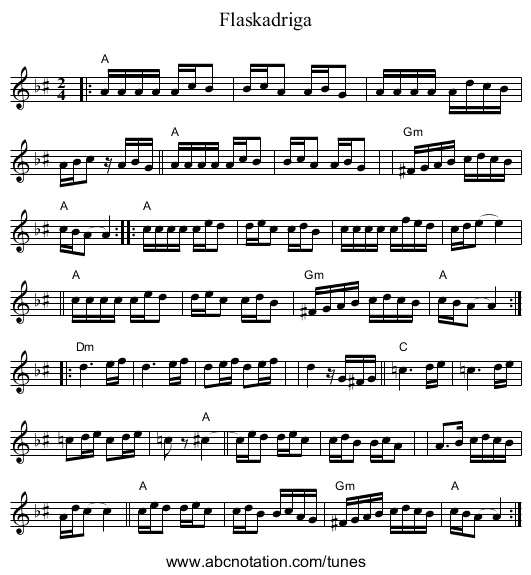 Flaskadriga - staff notation