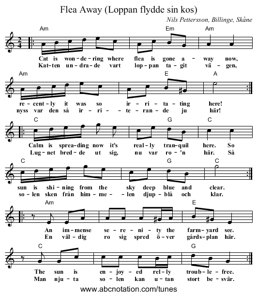 Flea Away (Loppan flydde sin kos) - staff notation