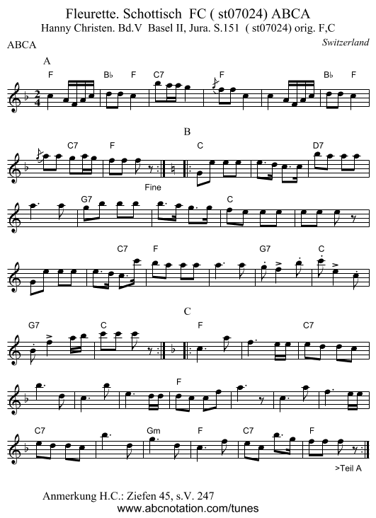 Fleurette. Schottisch  FC ( st07024) ABCA - staff notation