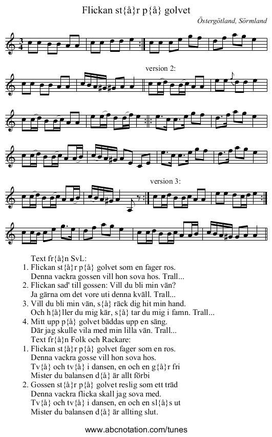 Flickan st&aring;r p&aring; golvet - staff notation