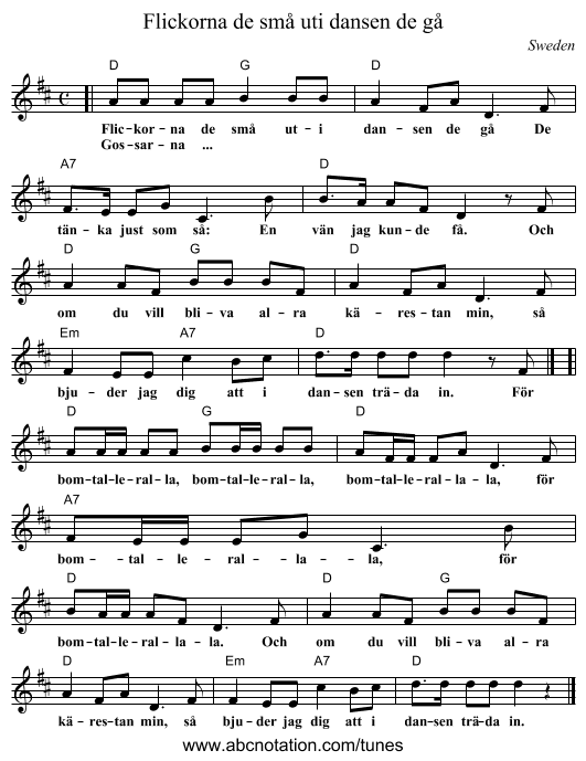 Flickorna de sm&aring; uti dansen de g&aring; - staff notation