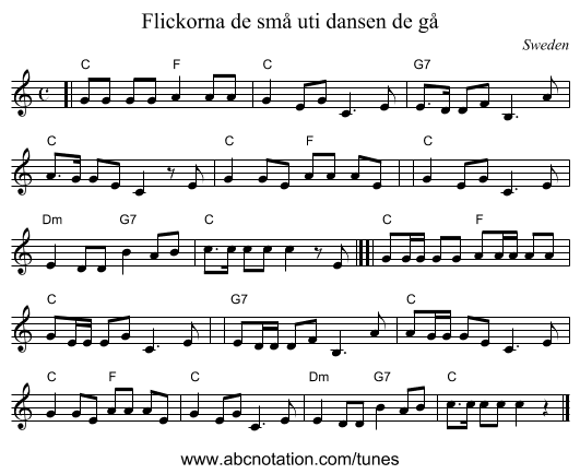 Flickorna de små uti dansen de gå - staff notation