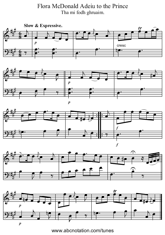 Flora McDonald Adeiu to the Prince - staff notation
