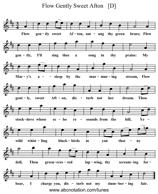 Flow Gently Sweet Afton   [D] - staff notation