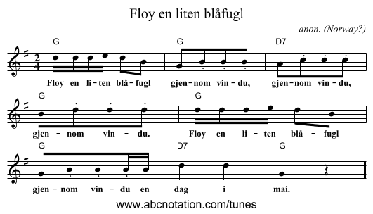Fl&oslash;y en liten bl&aring;fugl - staff notation