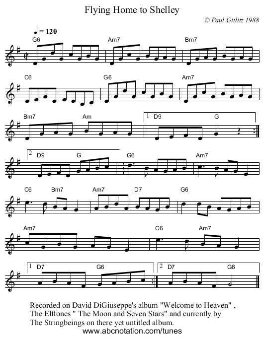 Flying Home to Shelley - staff notation