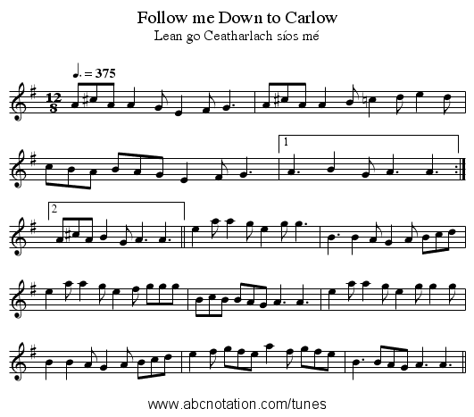 Follow me Down to Carlow - staff notation