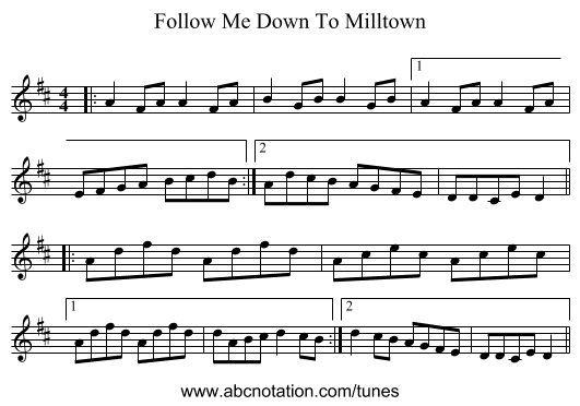 Follow Me Down To Milltown - staff notation