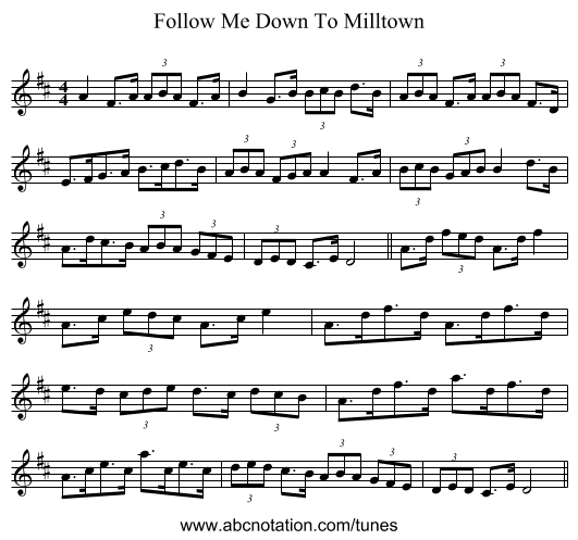 Follow Me Down To Milltown - staff notation