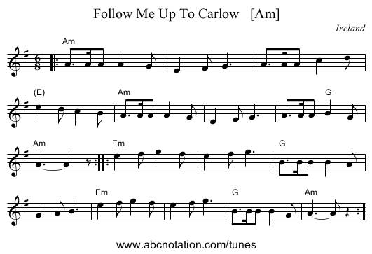 Follow Me Up To Carlow   [Am] - staff notation