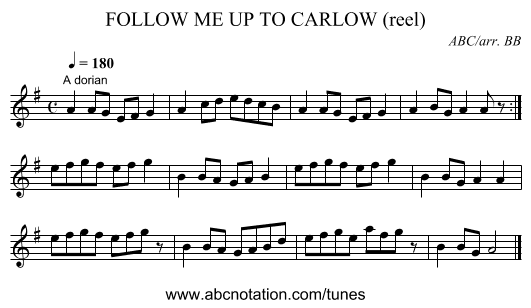FOLLOW ME UP TO CARLOW (reel) - staff notation