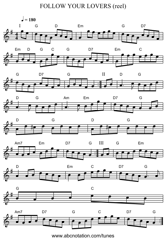 FOLLOW YOUR LOVERS (reel) - staff notation