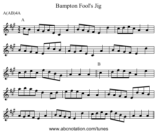 Fool's Jig, Bampton - staff notation