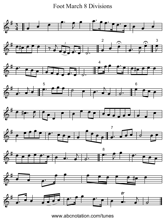 Foot March 8 Divisions - staff notation