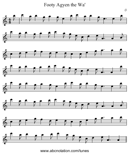 Footy Agyen the Wa' - staff notation