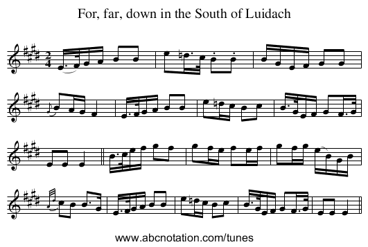 For, far, down in the South of Luidach - staff notation