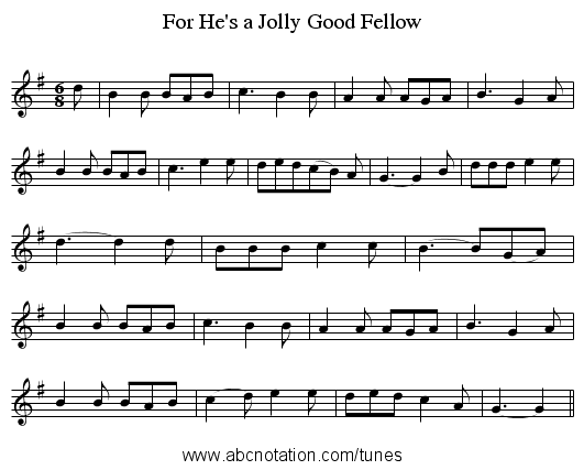 For He's a Jolly Good Fellow - staff notation