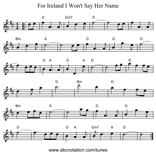 For Ireland I Won't Say Her Name - staff notation