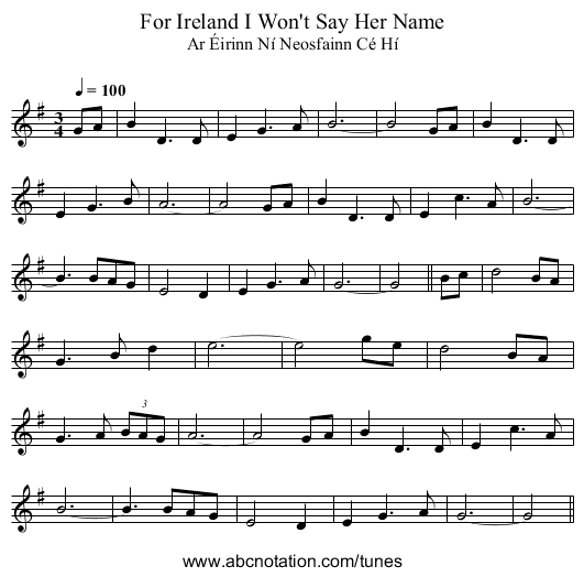 For Ireland I Won't Say Her Name - staff notation