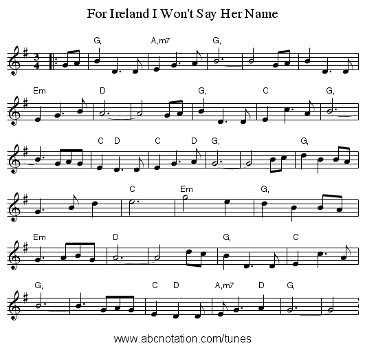 For Ireland I Won't Say Her Name - staff notation