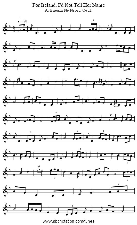 For Ireland, I'd Not Tell Her Name - staff notation