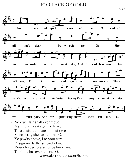 FOR LACK OF GOLD - staff notation