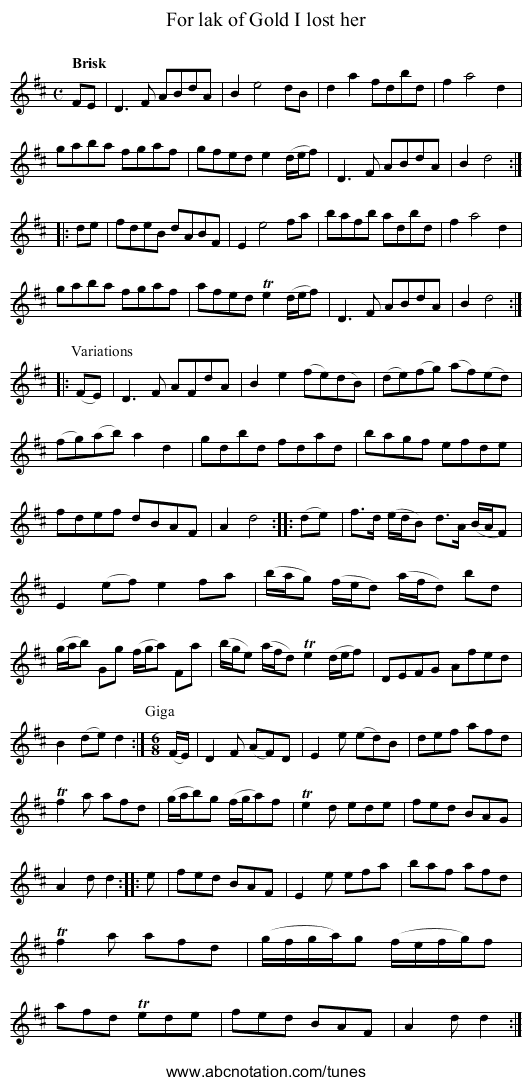 For lak of Gold I lost her - staff notation