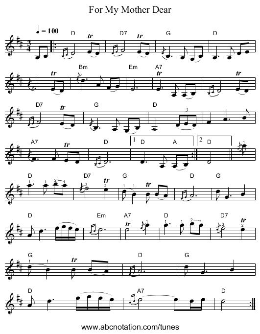 For My Mother Dear - staff notation