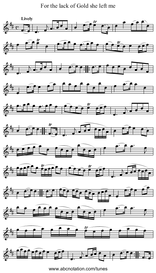 For the lack of Gold she left me - staff notation