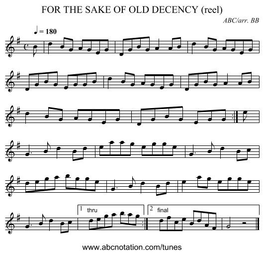 FOR THE SAKE OF OLD DECENCY (reel) - staff notation