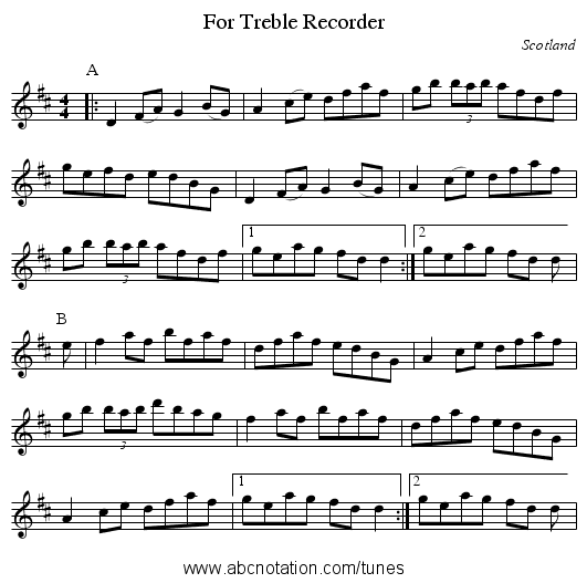 For Treble Recorder - staff notation