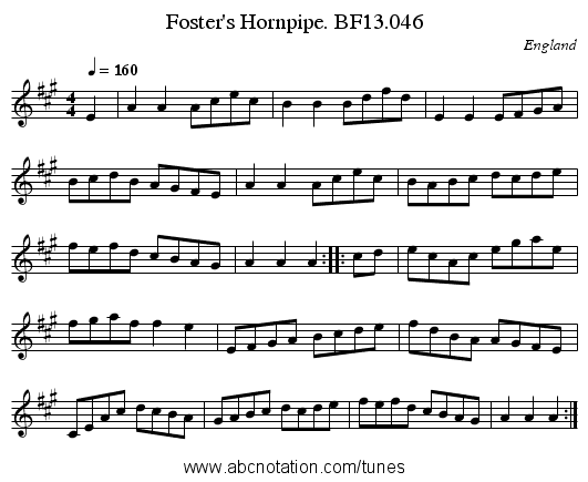 Foster's Hornpipe. BF13.046 - staff notation