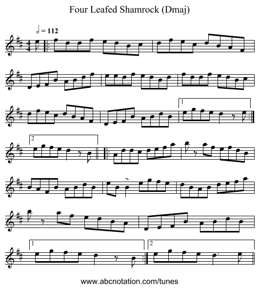 Four Leafed Shamrock (Dmaj) - staff notation