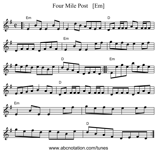 Four Mile Post   [Em] - staff notation