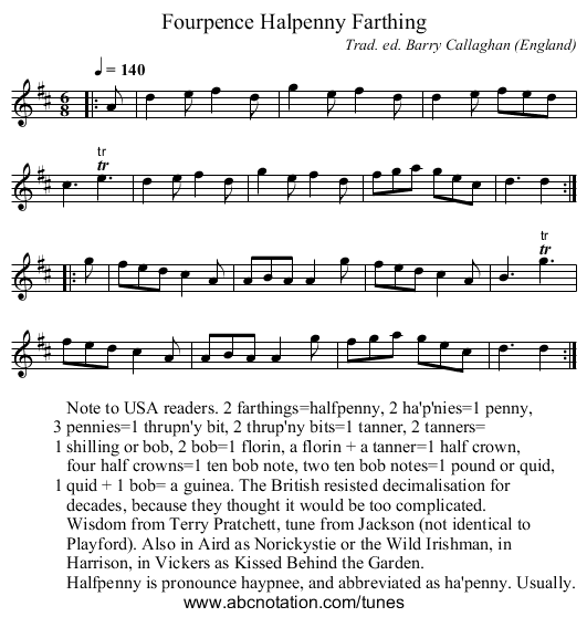 Fourpence Halpenny Farthing - staff notation