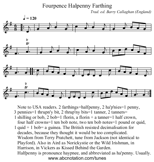 Fourpence Halpenny Farthing - staff notation