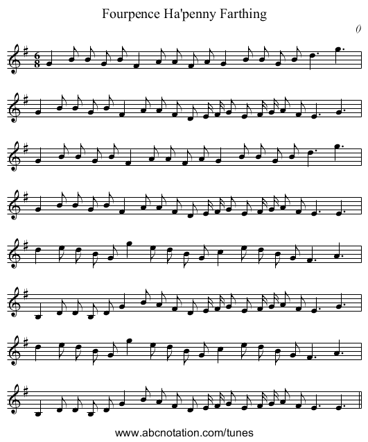 Fourpence Ha'penny Farthing - staff notation