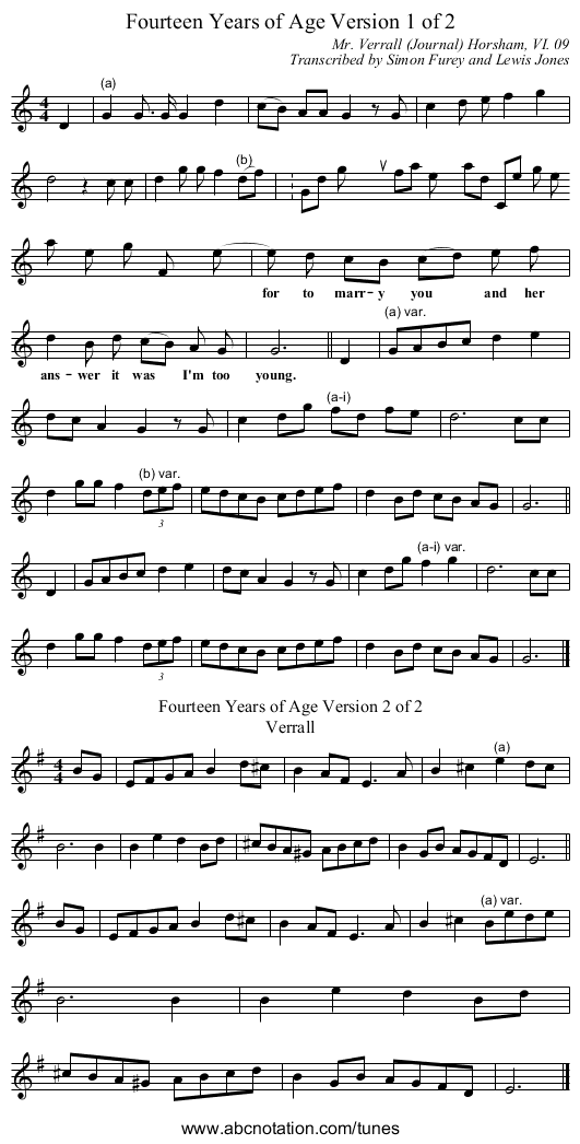 Fourteen Years of Age Version 1 of 2 - staff notation