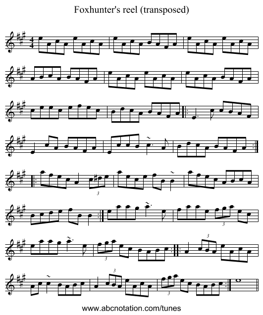 Foxhunter's reel (transposed) - staff notation