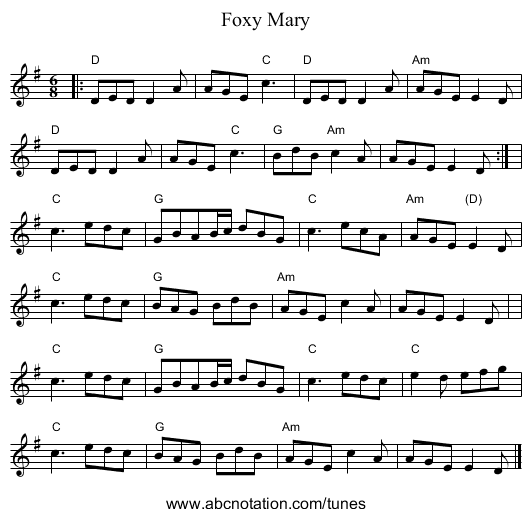 Foxy Mary - staff notation